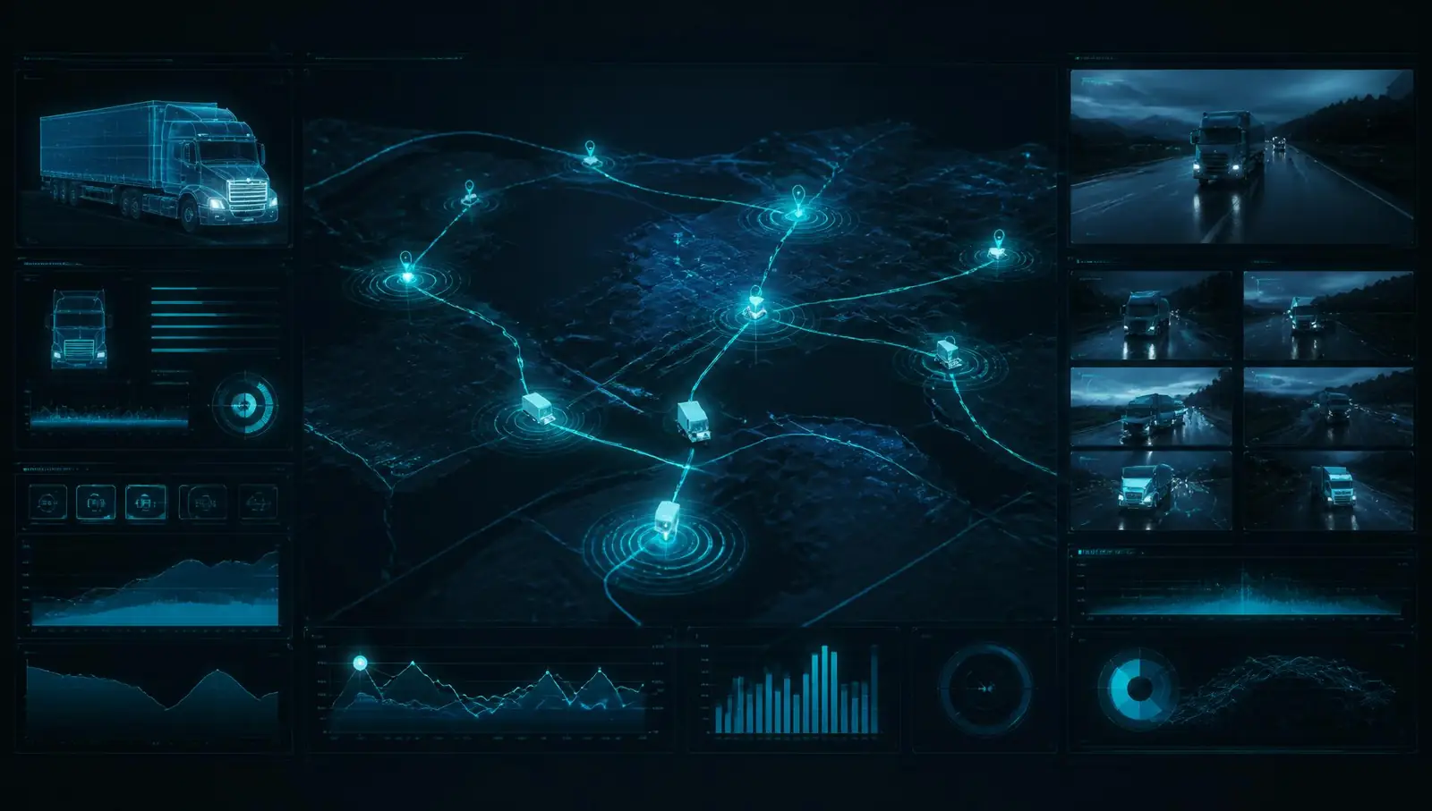 Painel de telemetria e vídeo com mapa e indicadores de frota